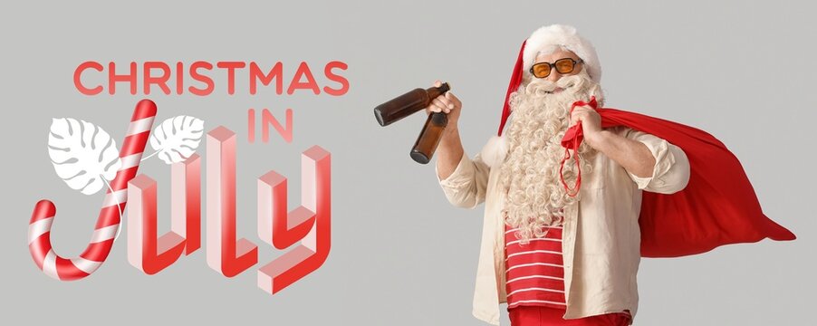 Banner with Santa Claus and text CHRISTMAS IN JULY on light background