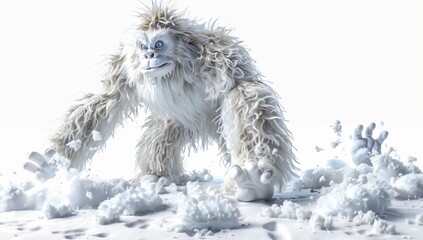 Obraz premium 3D plush yeti/Bigfoot toy surrounded by simulated snow and footprints, isolated on white