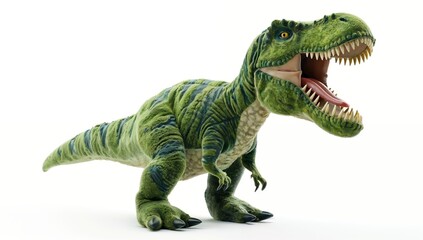Fototapeta premium 3D simulation of plush dinosaur toy roaring with motion blur, isolated on white