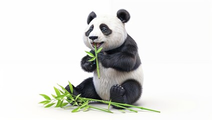 3D toy panda sitting and eating simulated bamboo, isolated on white