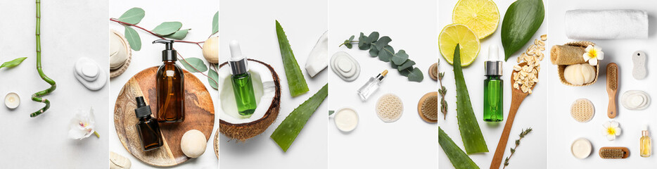 Set of natural cosmetics and bathing supplies on white background