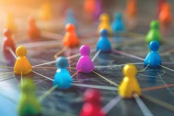 Colorful figurines connected by strings on a dark surface, representing a social network