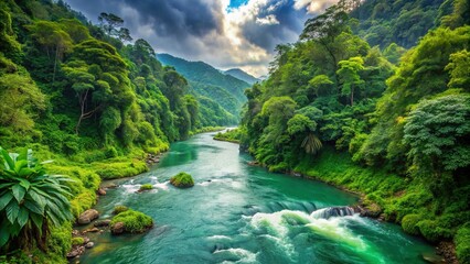 Majestic river flowing through lush green jungle