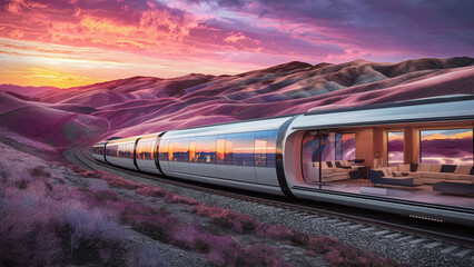 Fototapeta premium Futuristic train traveling through scenic landscape with rolling hills at sunset. Train has sleek, modern design with large windows, sky painted vibrant colors: pink, purple, orange.