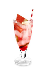 Glass of fresh watermelon lemonade on white background