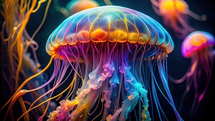 Abstract close-up image of a colorful jellyfish in a dark abyss