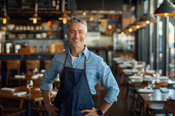 Fototapeta premium A happy male owner standing in restaurant