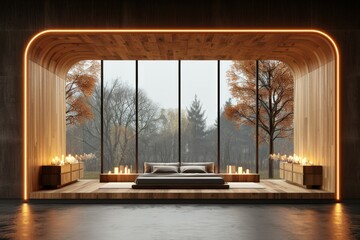 Fototapeta premium Luxurious modern living room with panoramic forest view, warm lighting, and elegant decor, creating a serene and inviting atmosphere