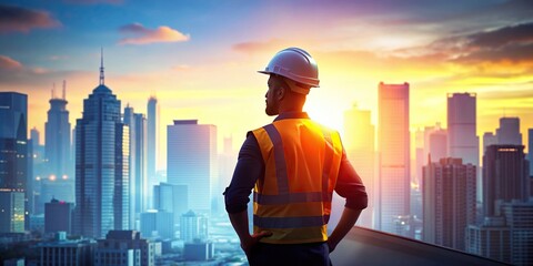 Silhouette of road worker engineer in hardhat against artistic city background