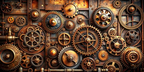 Steampunk industrial background with vintage machinery, gears, and clockwork