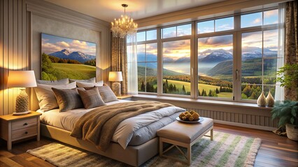 Cozy bedroom with large window overlooking picturesque landscape, featuring plush pillows and tranquil ambiance