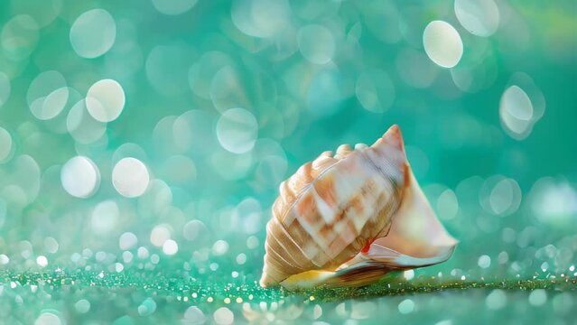 Spiral seashell on sparkling turquoise glitter background