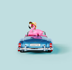 Pink flamingo in blue convertible going on summer vacation. Summer travel concept on blue...