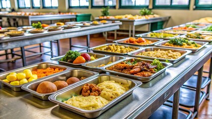 A table set with trays of warm meals for the homeless at a shelter