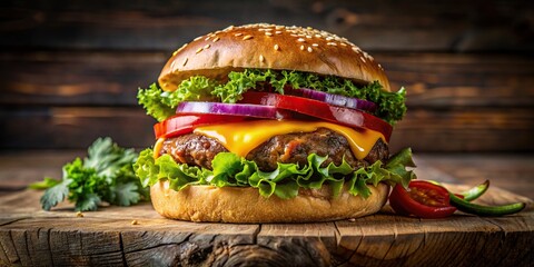 Close-up of a delicious homemade burger on a rustic wooden table