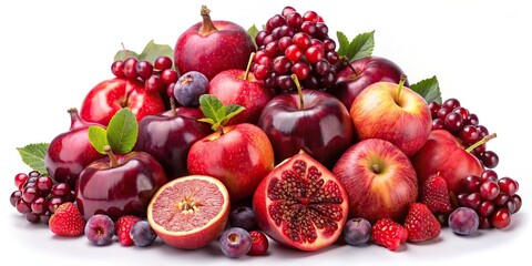 Collection of red purple maroon fruits in a pile apple, cherry, cranberry, fig, plum, pomegranate on background cutout - Powered by Adobe