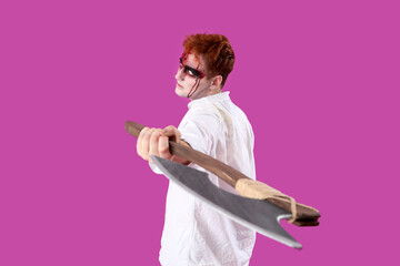 Scary zombie man with axe on purple background