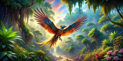 Majestic fantasy bird flying in a magical jungle landscape
