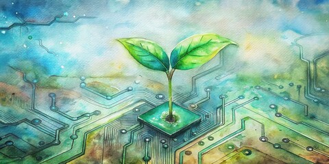 Green plant growing on computer circuit board, representing innovation and sustainability in technology