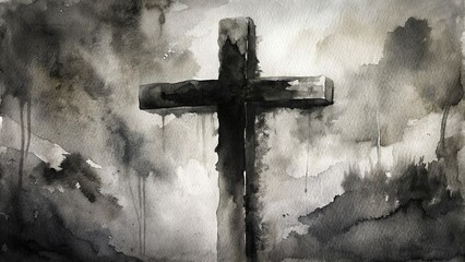 Black and white watercolor image of a lone cross on the wall for Good Friday holiday celebration