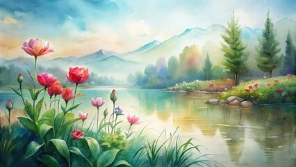 Digital watercolor art of flowers by a serene lake