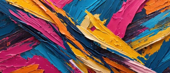 Abstract art with bold, textured colors vibrant pinks, yellows, oranges, blues, and dark tones.