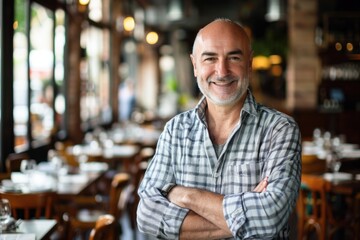 A happy male owner standing in restaurant