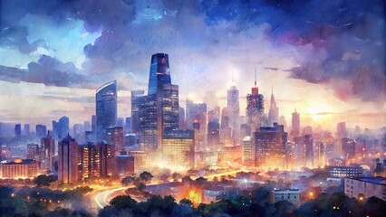Bustling city skyline at twilight with illuminated skyscrapers and bustling streets below, surrounded by city lights glow, watercolor