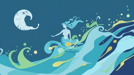Naklejka premium Water sprite dancing in waves flat design top view, mythical creatures, animation, complementary color scheme 