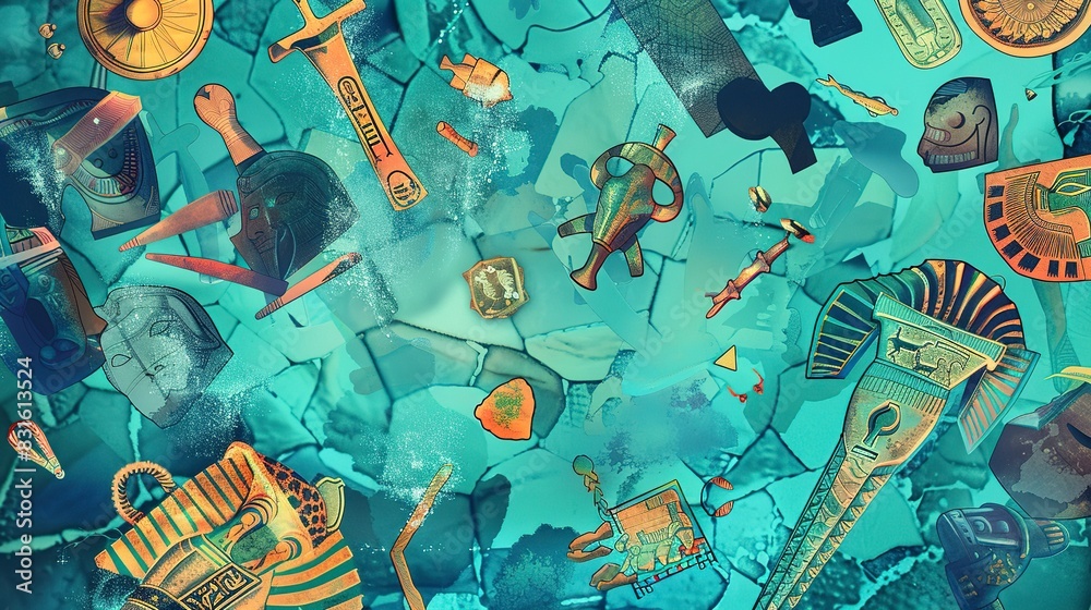 Wall mural Egyptian artifacts underwater flat design top view, historical fantasy, water color, tetradic color scheme 