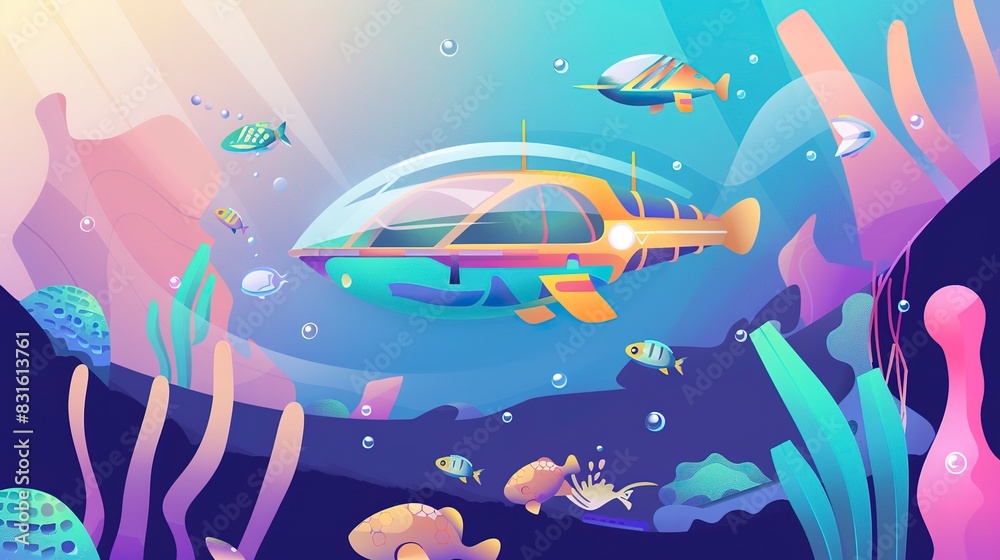 Sticker Nanotechnology in ocean exploration flat design side view, futuristic oceans, cartoon drawing, colored pastel 