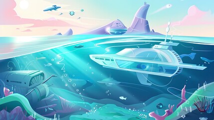 Nanotechnology in ocean exploration flat design side view, futuristic oceans, cartoon drawing, colored pastel 