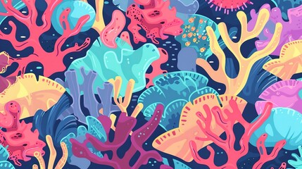 Enchanted coral reef flat design top view, magical realism, cartoon drawing, complementary color scheme 