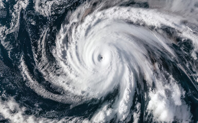Aerial view of powerful hurricane over ocean, featuring eye of storm and swirling clouds.