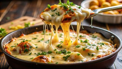 Close-up of melted cheese oozing over a hot dish