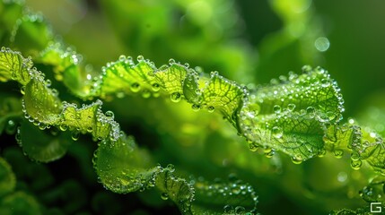 Macro shots of dew covered elongated green leaves