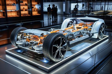 Futuristic electric car chassis on display with detailed engineering and illuminated components