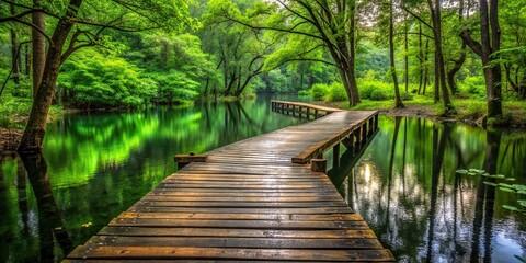 Wet wooden pier in forest surrounded by green foliage, peaceful natural scene