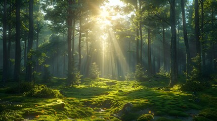A 3D rendering of a serene forest at dawn, with sunlight filtering through the dense canopy of tall...