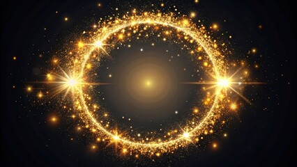 Circular frame of glittery gold sparkles and shimmering particles on a dark background, resembling a magical ring of light