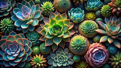 Abstract composition of focus stacked succulents and plants with a fractal design on black background