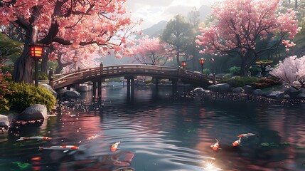 A 3D rendering of a tranquil Japanese garden with a koi pond, a wooden bridge, cherry blossom trees...