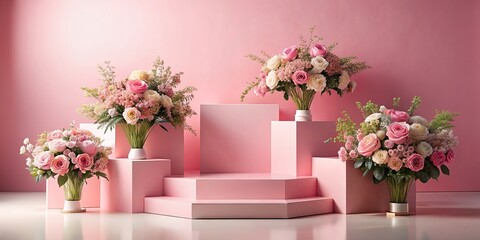 Pink podium adorned with flowers on pastel background for an award ceremony