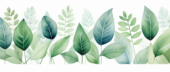 Watercolor tropical leaf pattern with various shades of green
