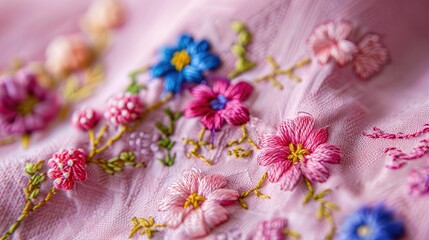 Macro photograph of handcrafted chain stitched florals on a pink cloth showcasing needlework as a pastime with a do it yourself theme from an aerial perspective
