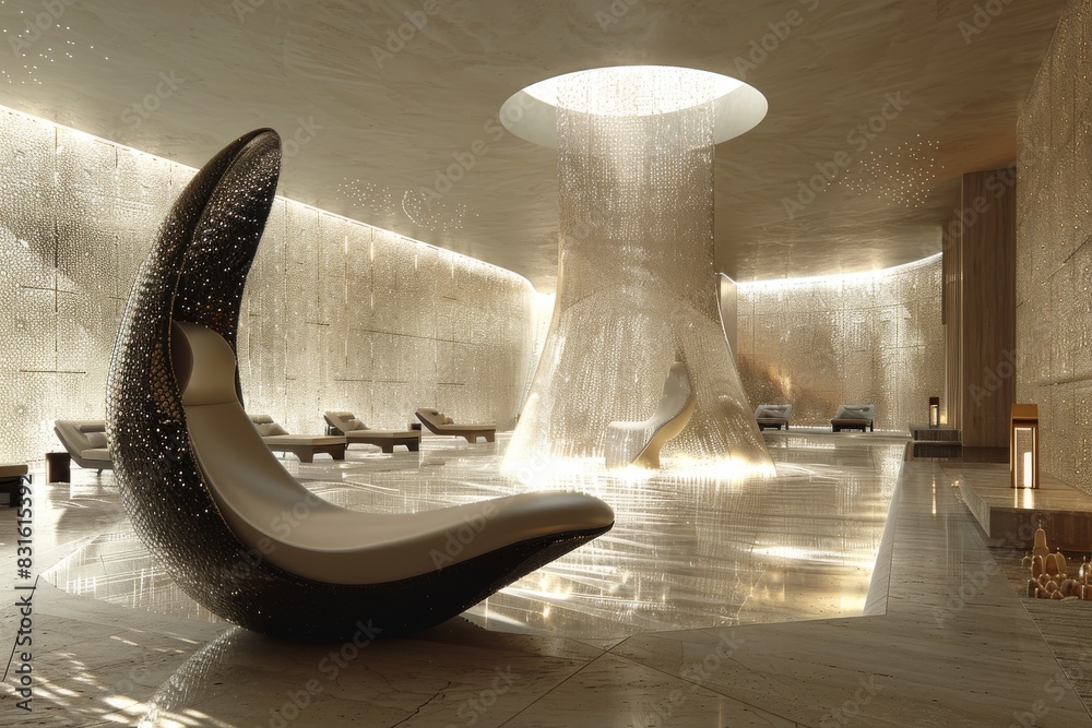 Sticker modern spa with sculptural elements and soft lighting, creating a serene and relaxing atmosphere