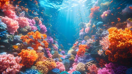 A 3D rendering of a vibrant underwater scene with colorful coral reefs, diverse marine life including fish, turtles, and rays, all illuminated by rays of sunlight penetrating the clear blue water