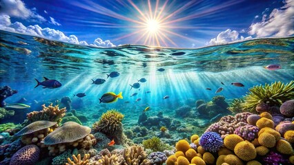 Crystal clear blue ocean water surface with sunlight shining through, underwater view of coral reefs and fish swimming