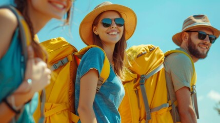 Three people are smiling and wearing yellow backpacks, hike concept