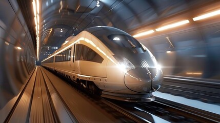 Fototapeta premium Futuristic high-speed train moving through a digitally enhanced tunnel, showcasing modern transportation technology